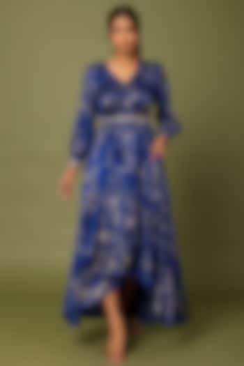 Cobalt Blue Embroidered Dress With Belt by MADDER MUCH