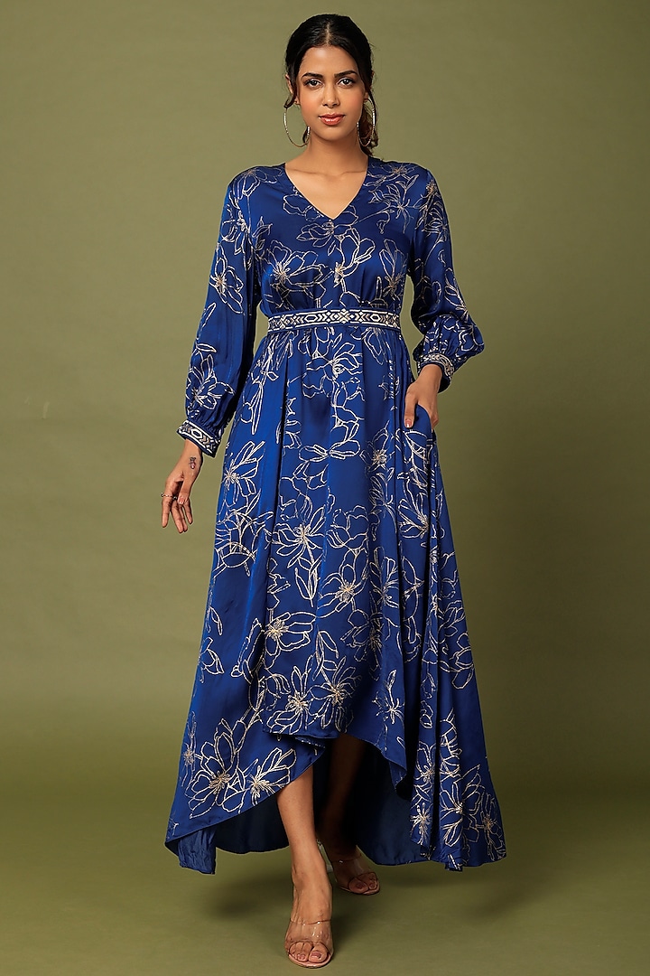 Cobalt Blue Embroidered Dress With Belt by MADDER MUCH