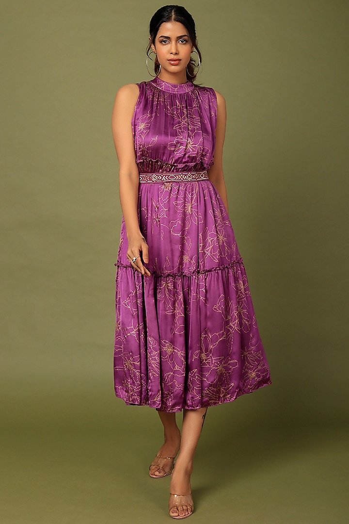 Purple Embroidered Dress With Belt by MADDER MUCH