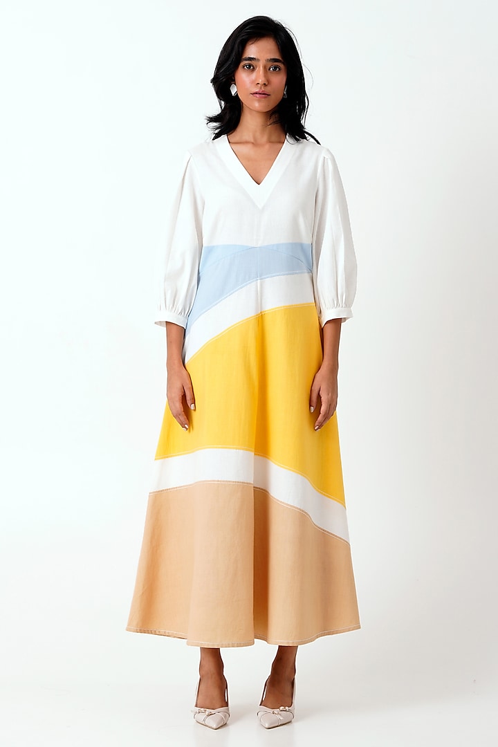 Multi-Colored Handloom Cotton Hand Embroidered Maxi Dress by MADDER MUCH at Pernia's Pop Up Shop