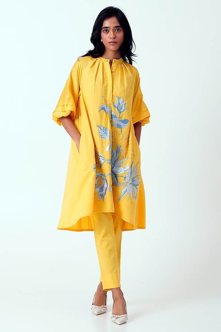 Canary Yellow Handloom Cotton Hand Embroidered Tunic Set by MADDER MUCH at Pernia's Pop Up Shop