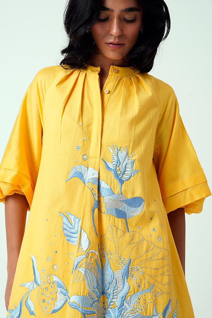 Canary Yellow Handloom Cotton Hand Embroidered Tunic Set by MADDER MUCH at Pernia's Pop Up Shop