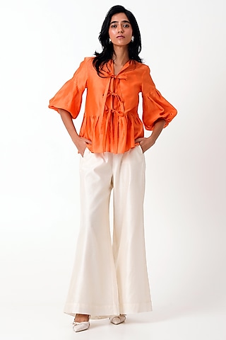 Sunset Orange Handloom Chanderi Peplum Top by MADDER MUCH