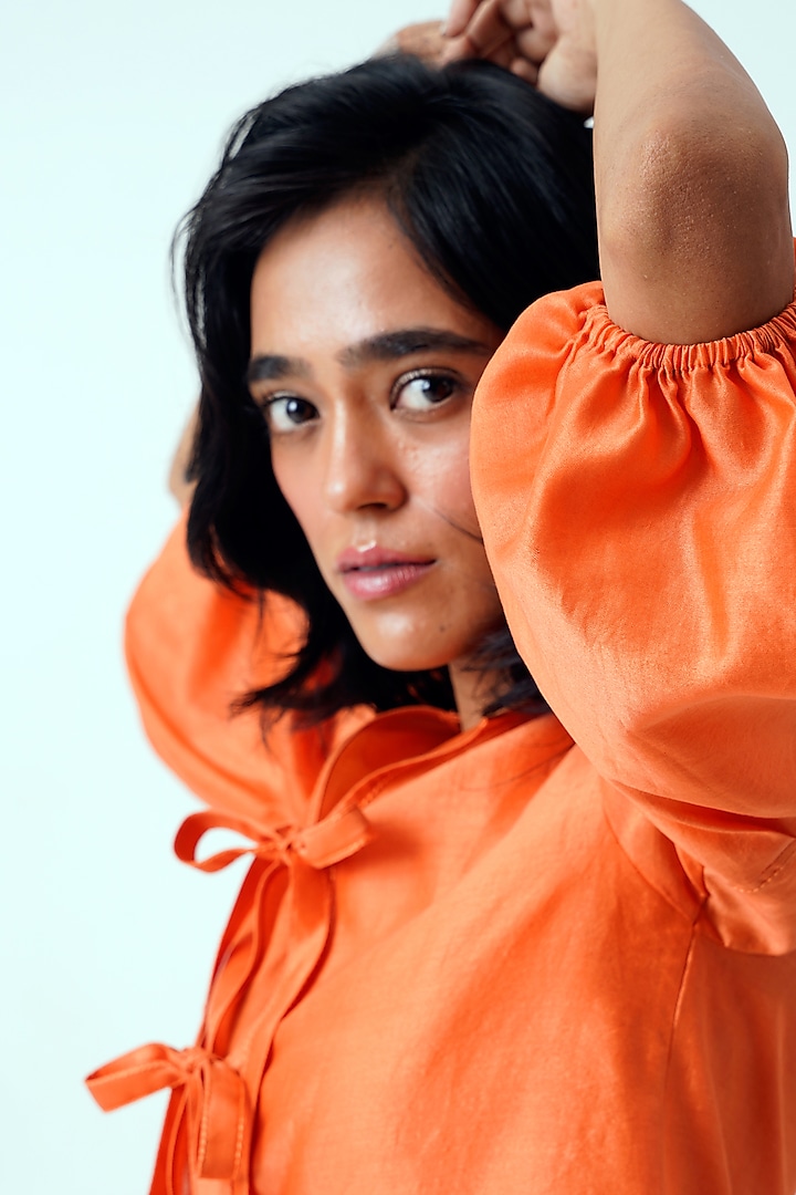 Sunset Orange Handloom Chanderi Peplum Top by MADDER MUCH at Pernia's Pop Up Shop