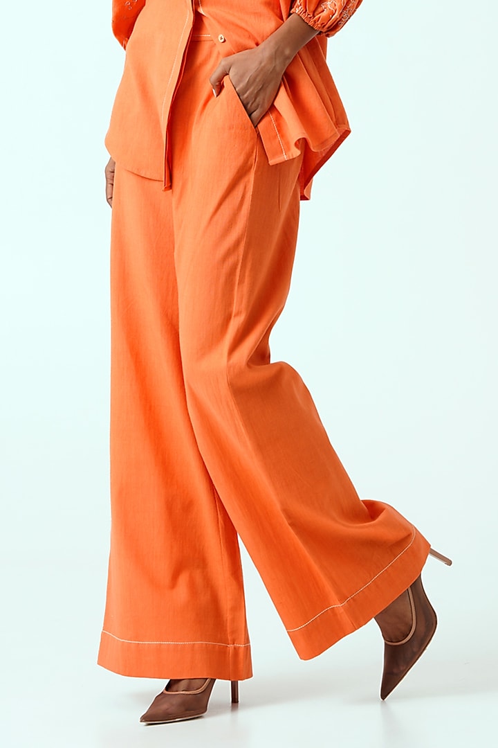 Sunset Orange Handloom Cotton & Handloom Chanderi Pant Set by MADDER MUCH at Pernia's Pop Up Shop