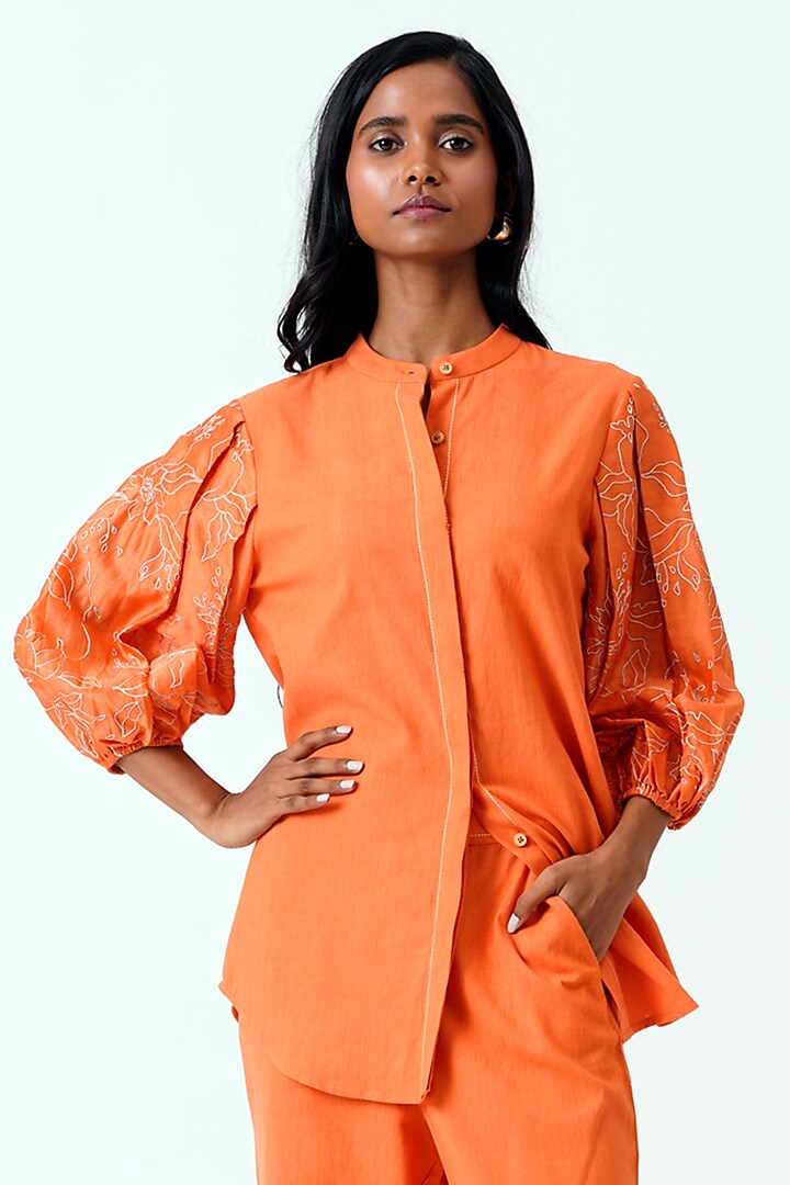 Sunset Orange Handloom Cotton & Handloom Chanderi Pant Set by MADDER MUCH at Pernia's Pop Up Shop