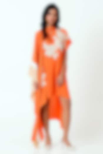 Sunset Orange Natural Crepe Hand Embroidered Kaftan Dress by MADDER MUCH at Pernia's Pop Up Shop