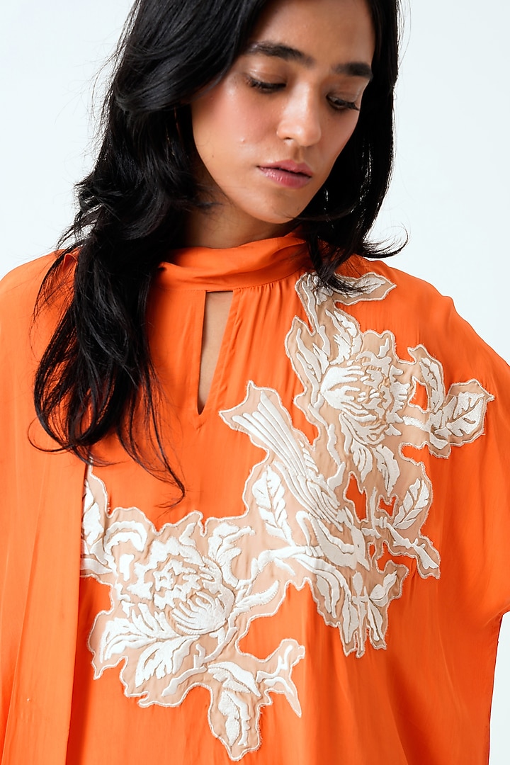 Sunset Orange Natural Crepe Hand Embroidered Kaftan Summer Dress by MADDER MUCH at Pernia's Pop Up Shop