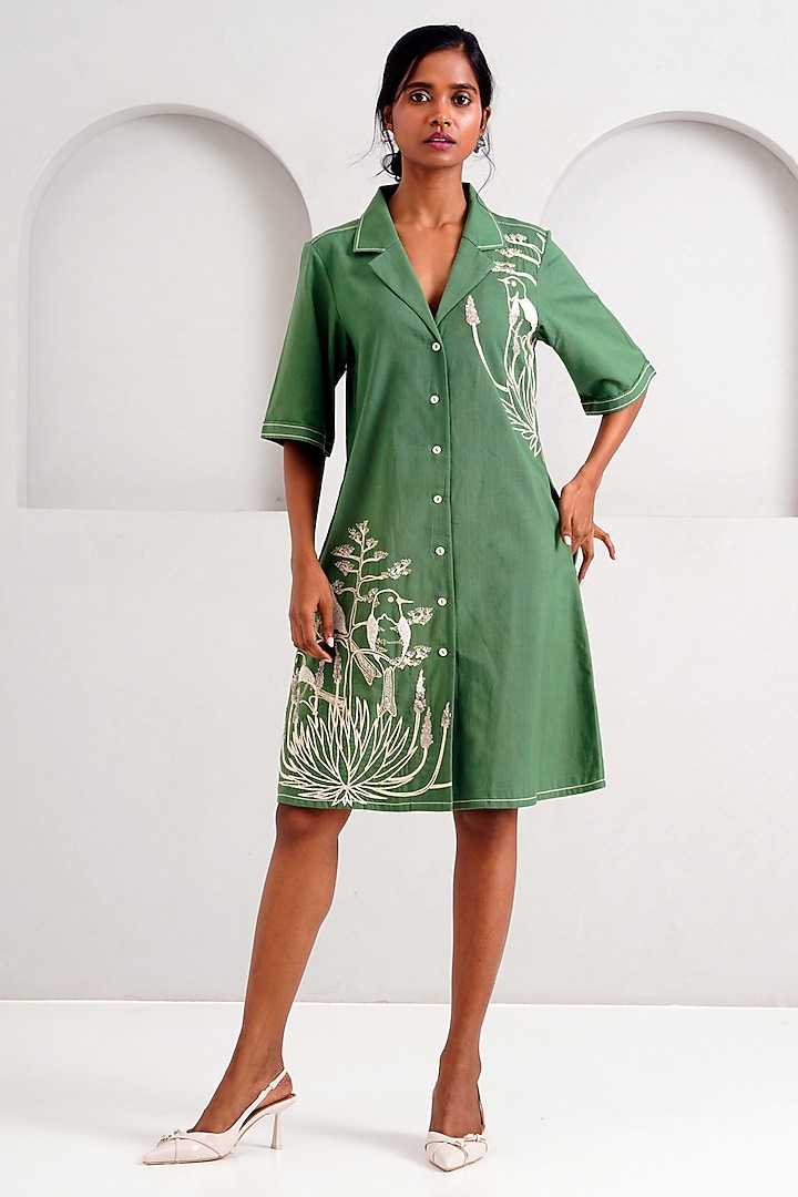 Pine Green Handloom Cotton Hand Embroidered Shirt Dress by MADDER MUCH at Pernia's Pop Up Shop