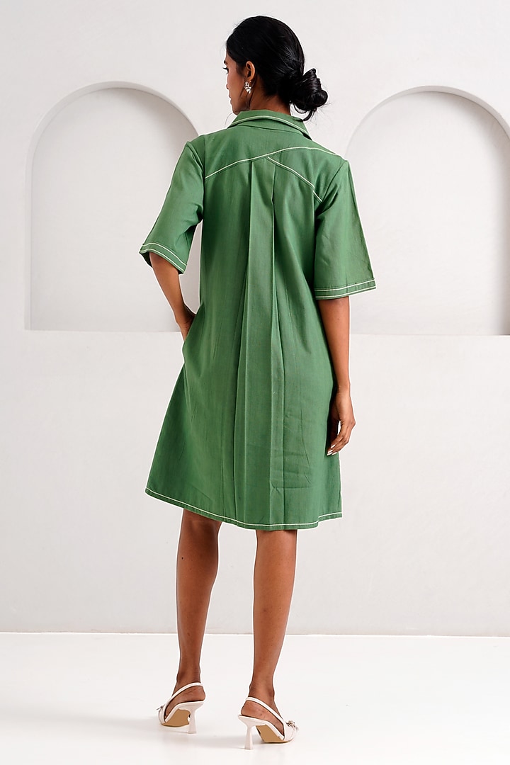 Pine Green Handloom Cotton Hand Embroidered Vacation Shirt Dress by MADDER MUCH at Pernia's Pop Up Shop