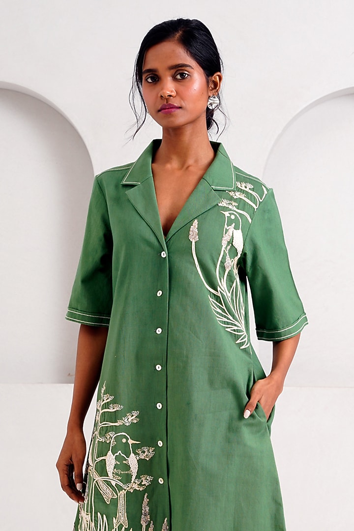 Pine Green Handloom Cotton Hand Embroidered Vacation Shirt Dress by MADDER MUCH at Pernia's Pop Up Shop