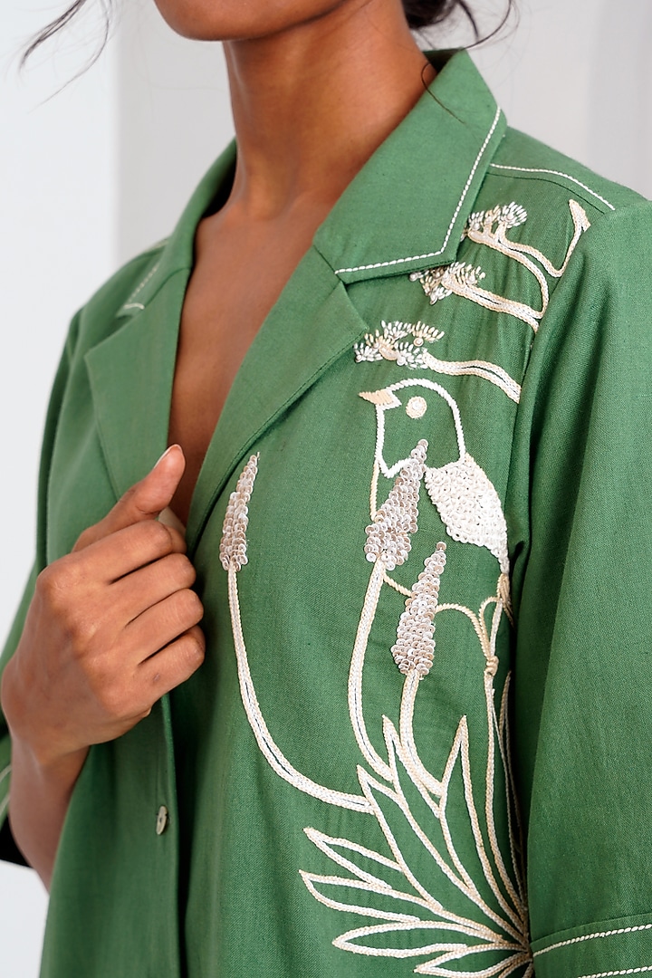 Pine Green Handloom Cotton Hand Embroidered Vacation Shirt Dress by MADDER MUCH at Pernia's Pop Up Shop