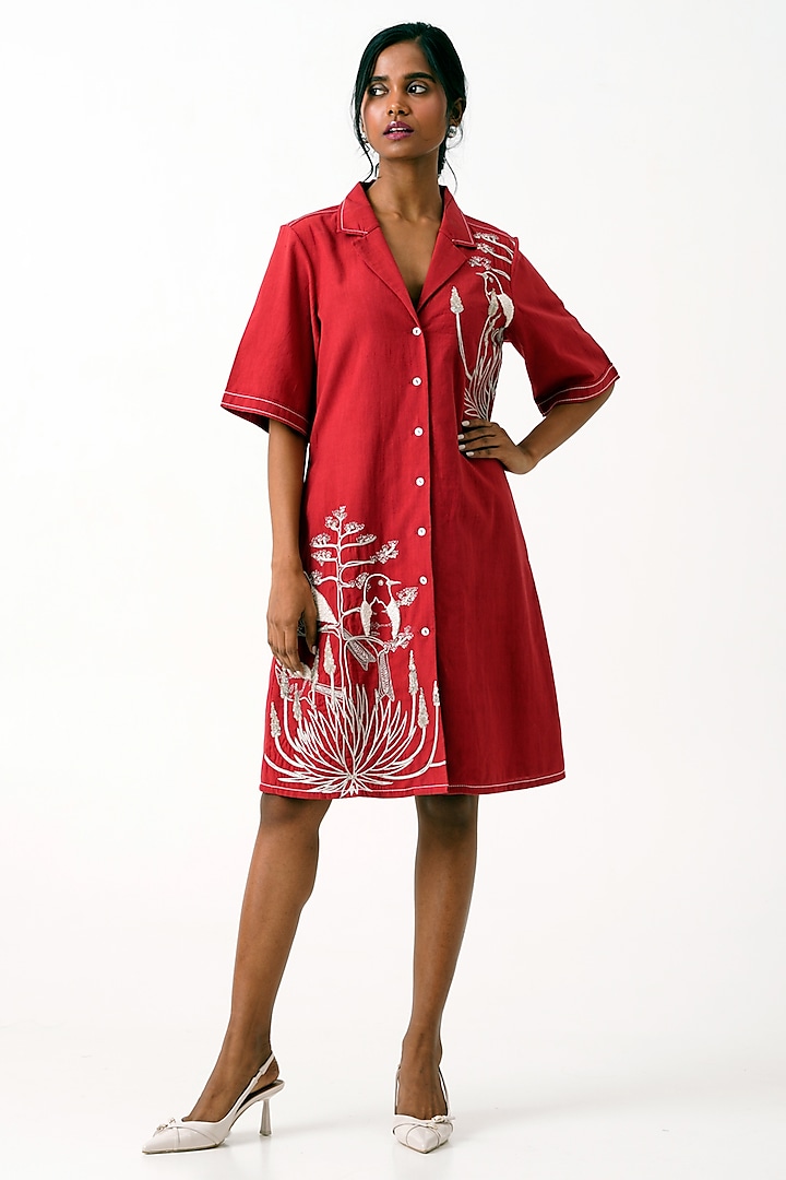 Madder Handloom Cotton Hand Embroidered Shirt Dress by MADDER MUCH at Pernia's Pop Up Shop