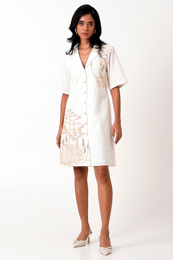 White Handloom Cotton Hand Embroidered Shirt Dress by MADDER MUCH at Pernia's Pop Up Shop