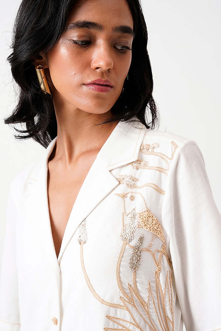 White Handloom Cotton Hand Embroidered Vacation Shirt Dress by MADDER MUCH at Pernia's Pop Up Shop