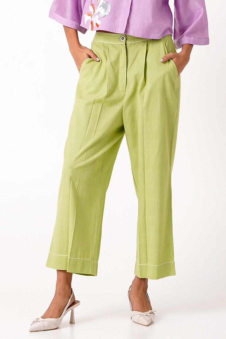 Spring Green Handloom Chanderi & Handloom Cotton Pant Set by MADDER MUCH at Pernia's Pop Up Shop