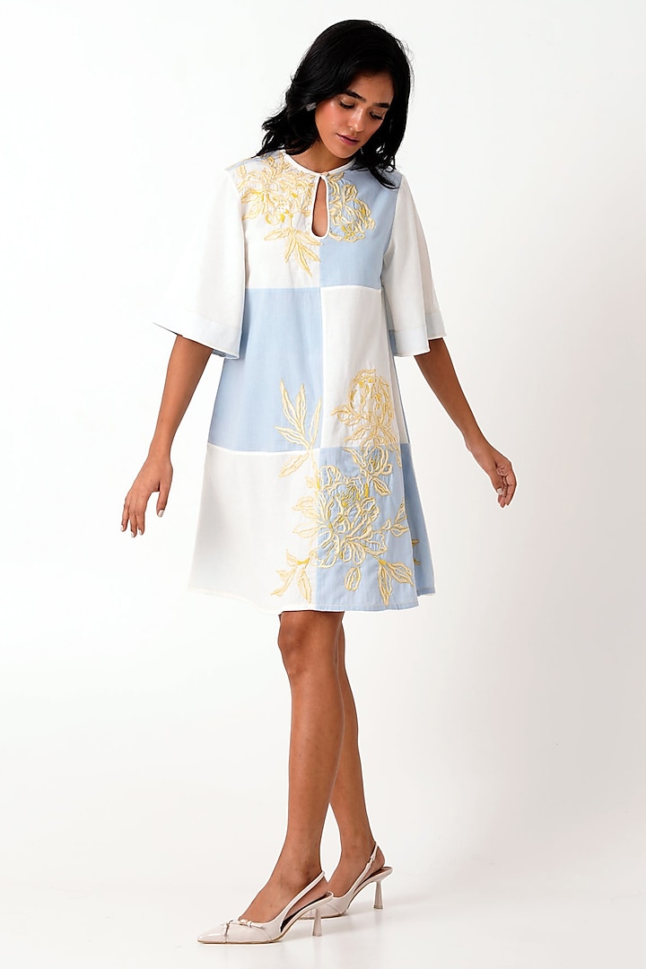 Multi-Colored Handloom Cotton Hand Embroidered Checkered Dress by MADDER MUCH at Pernia's Pop Up Shop