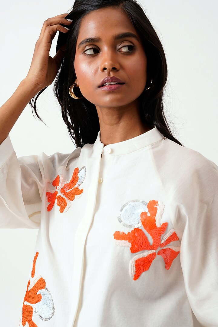 Ivory & Latte Colored Hand Embroidered Handloom Cotton Co-Ord Set by MADDER MUCH at Pernia's Pop Up Shop
