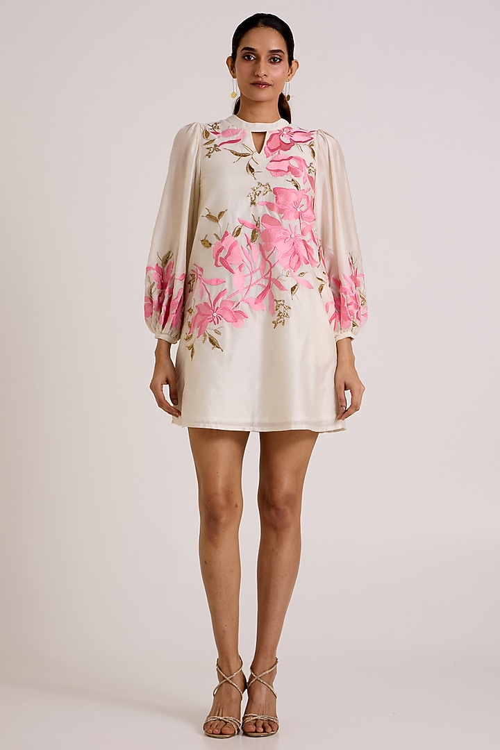 Ivory & Ice Pink Handloom Chanderi Silk Floral Printed Mini Vacation Dress by MADDER MUCH at Pernia's Pop Up Shop