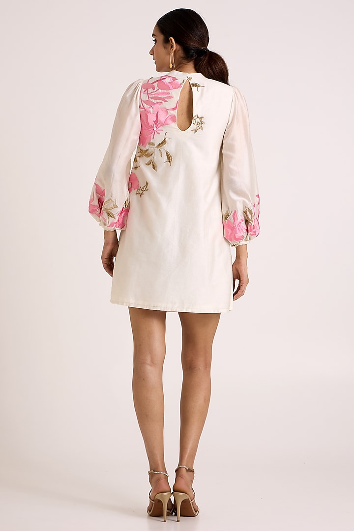 Ivory & Ice Pink Handloom Chanderi Silk Floral Printed Mini Vacation Dress by MADDER MUCH at Pernia's Pop Up Shop