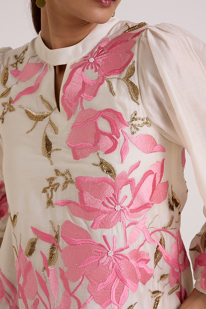 Ivory & Ice Pink Handloom Chanderi Silk Floral Printed Mini Vacation Dress by MADDER MUCH at Pernia's Pop Up Shop