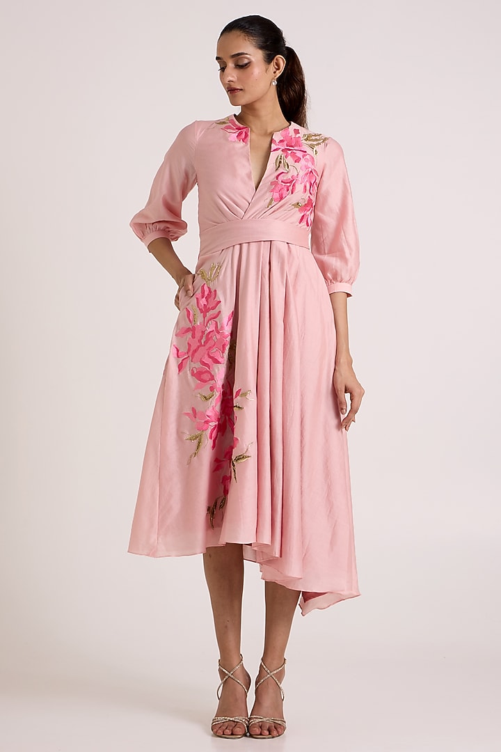 Ice Pink Handloom Chanderi Silk Floral Printed Midi Vacation Dress by MADDER MUCH at Pernia's Pop Up Shop
