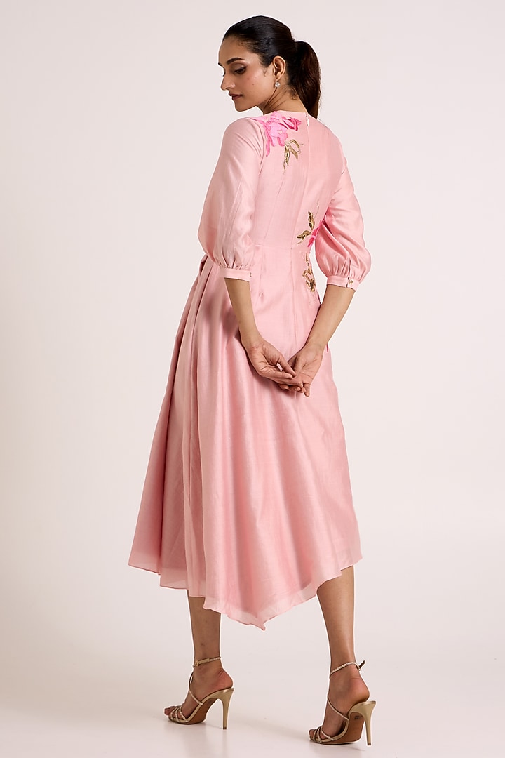 Ice Pink Handloom Chanderi Silk Floral Printed Midi Vacation Dress by MADDER MUCH at Pernia's Pop Up Shop