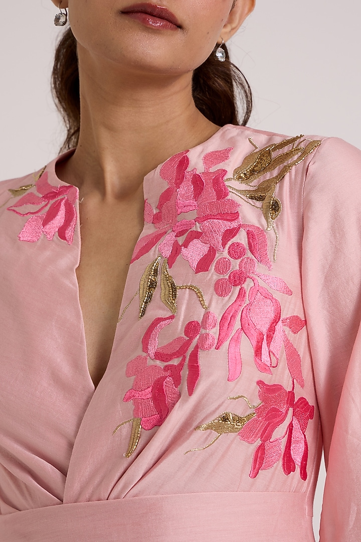 Ice Pink Handloom Chanderi Silk Floral Printed Midi Vacation Dress by MADDER MUCH at Pernia's Pop Up Shop