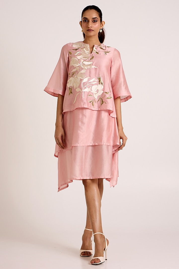 Ice Pink Handloom Chanderi Silk Floral Embroidered Vacation Dress by MADDER MUCH at Pernia's Pop Up Shop