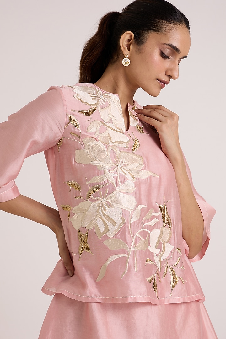 Ice Pink Handloom Chanderi Silk Floral Embroidered Vacation Dress by MADDER MUCH at Pernia's Pop Up Shop