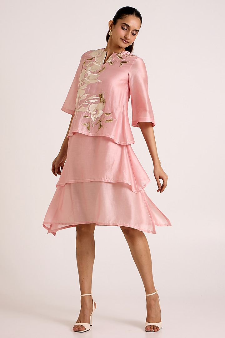 Ice Pink Handloom Chanderi Silk Floral Embroidered Vacation Dress by MADDER MUCH at Pernia's Pop Up Shop