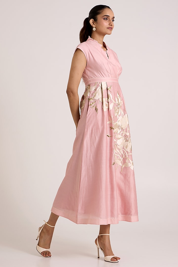 Ice Pink Handloom Chanderi Silk Floral Printed Maxi Vacation Dress by MADDER MUCH at Pernia's Pop Up Shop