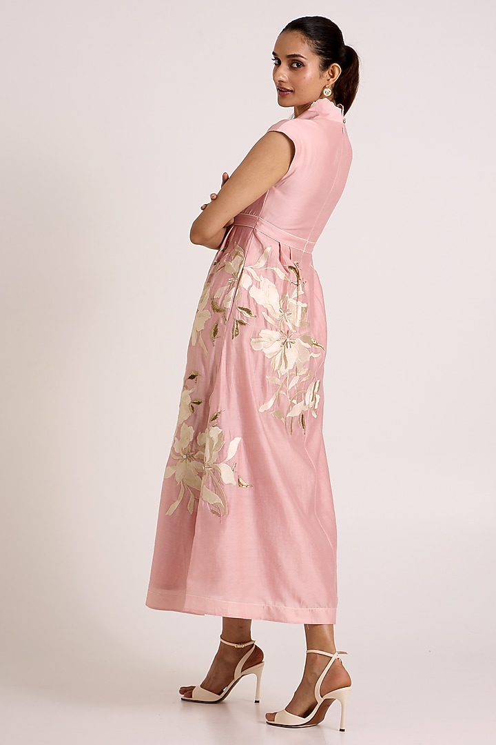 Ice Pink Handloom Chanderi Silk Floral Printed Maxi Vacation Dress by MADDER MUCH at Pernia's Pop Up Shop