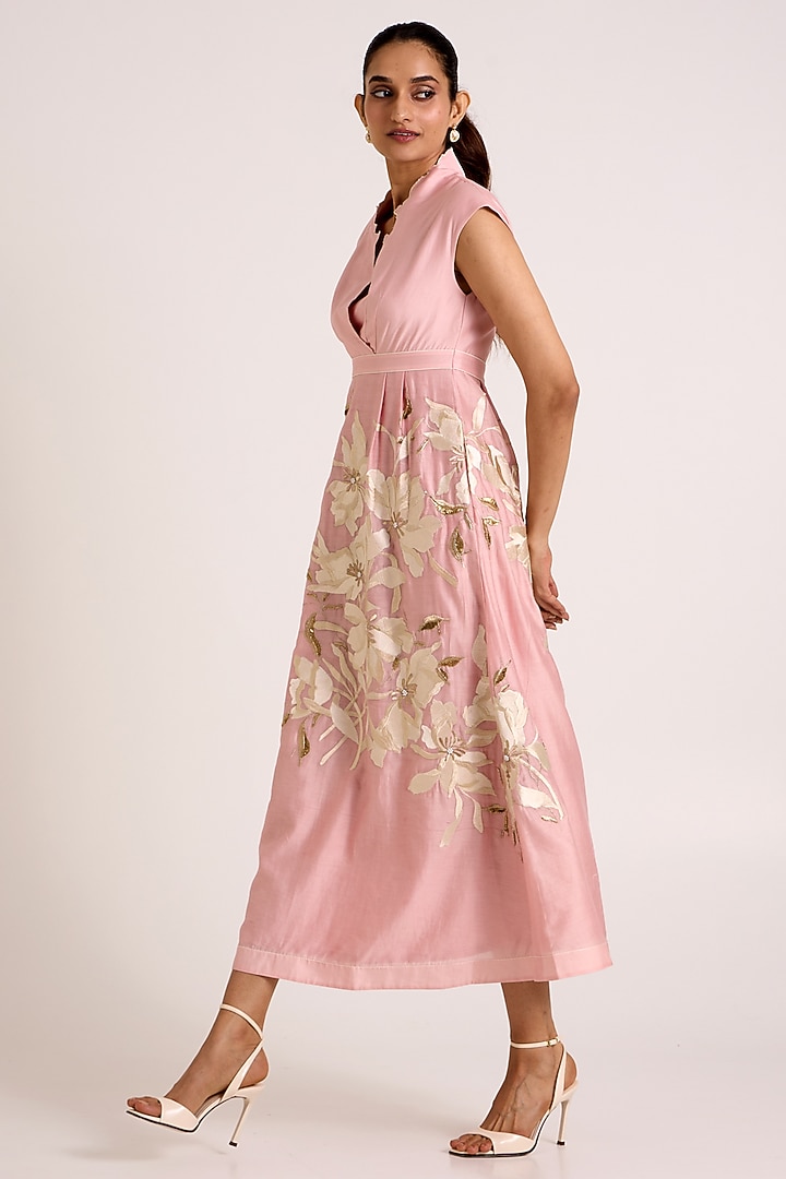 Ice Pink Handloom Chanderi Silk Floral Printed Maxi Vacation Dress by MADDER MUCH at Pernia's Pop Up Shop