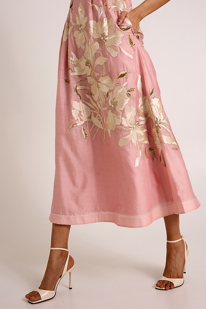 Ice Pink Handloom Chanderi Silk Floral Printed Maxi Vacation Dress by MADDER MUCH at Pernia's Pop Up Shop