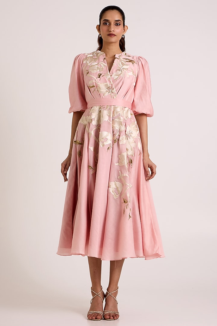 Ice Pink Handloom Chanderi Silk Floral Printed Midi Cocktail Dress by MADDER MUCH at Pernia's Pop Up Shop