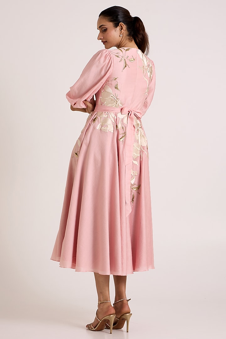 Ice Pink Handloom Chanderi Silk Floral Printed Midi Cocktail Dress by MADDER MUCH at Pernia's Pop Up Shop
