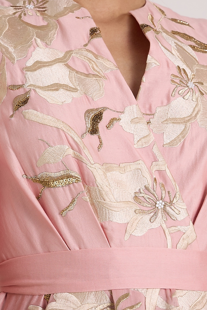 Ice Pink Handloom Chanderi Silk Floral Printed Midi Cocktail Dress by MADDER MUCH at Pernia's Pop Up Shop