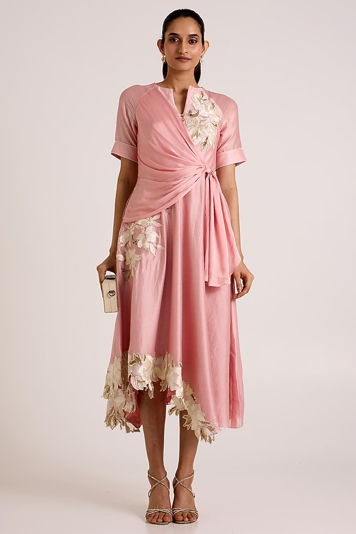 Ice Pink Handloom Chanderi Silk Floral Embroidered Wrap Midi Vacation Dress by MADDER MUCH at Pernia's Pop Up Shop