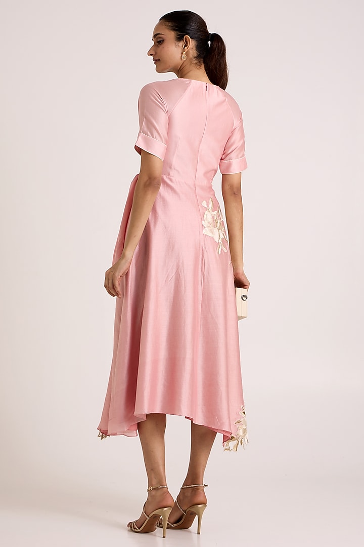 Ice Pink Handloom Chanderi Silk Floral Embroidered Wrap Midi Vacation Dress by MADDER MUCH at Pernia's Pop Up Shop