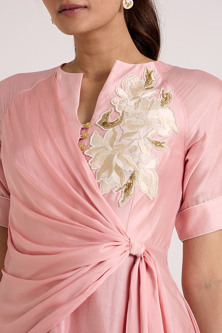 Ice Pink Handloom Chanderi Silk Floral Embroidered Wrap Midi Vacation Dress by MADDER MUCH at Pernia's Pop Up Shop