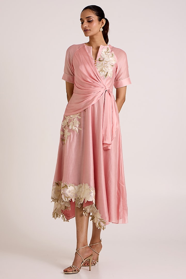 Ice Pink Handloom Chanderi Silk Floral Embroidered Wrap Midi Vacation Dress by MADDER MUCH at Pernia's Pop Up Shop