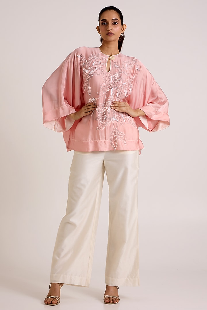 Ivory & Ice Pink Handloom Chanderi Silk Embroidered Co-Ord Set by MADDER MUCH at Pernia's Pop Up Shop