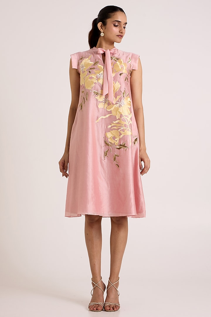 Ice Pink Handloom Chanderi Silk Floral Embroidered A-Line Vacation Dress by MADDER MUCH at Pernia's Pop Up Shop