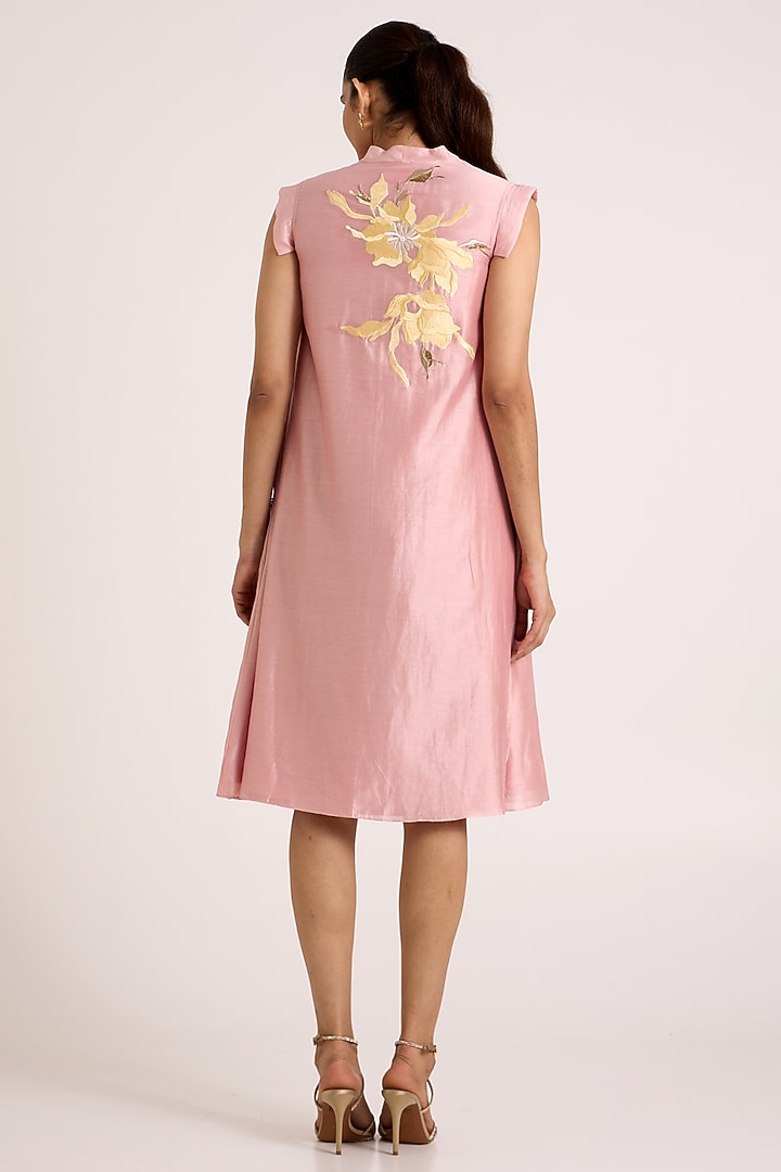 Ice Pink Handloom Chanderi Silk Floral Embroidered A-Line Vacation Dress by MADDER MUCH at Pernia's Pop Up Shop