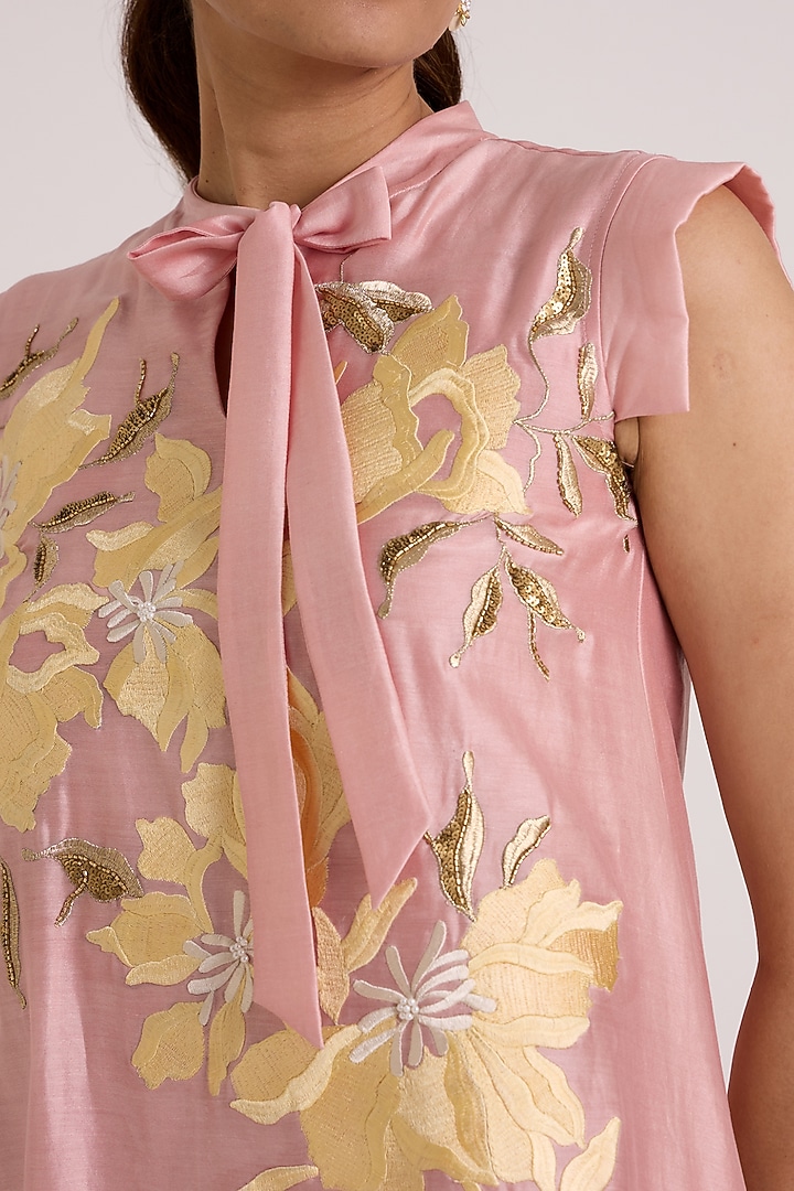 Ice Pink Handloom Chanderi Silk Floral Embroidered A-Line Vacation Dress by MADDER MUCH at Pernia's Pop Up Shop