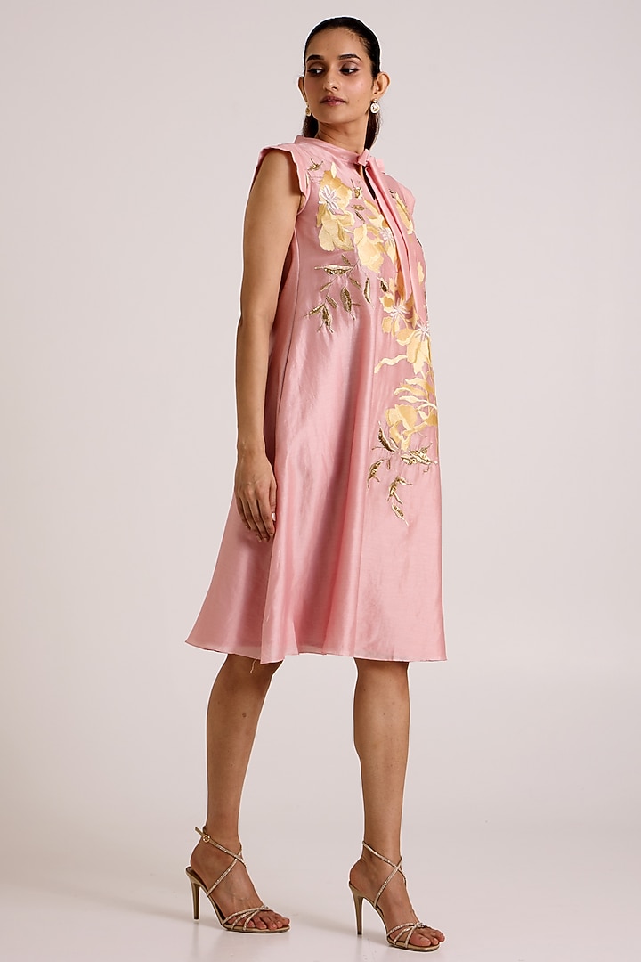 Ice Pink Handloom Chanderi Silk Floral Embroidered A-Line Vacation Dress by MADDER MUCH at Pernia's Pop Up Shop