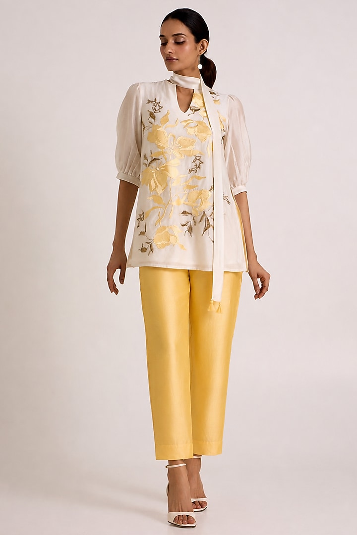 Ivory & Yellow Handloom Chanderi Silk Co-Ord Set by MADDER MUCH at Pernia's Pop Up Shop