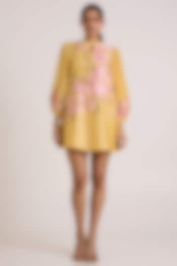 Butter Yellow Handloom Chanderi Silk Resham Embroidered Mini Vacation Dress by MADDER MUCH at Pernia's Pop Up Shop
