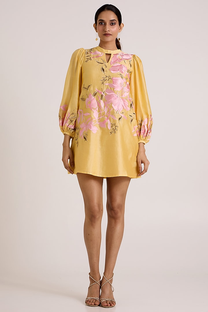 Butter Yellow Handloom Chanderi Silk Resham Embroidered Mini Vacation Dress by MADDER MUCH at Pernia's Pop Up Shop